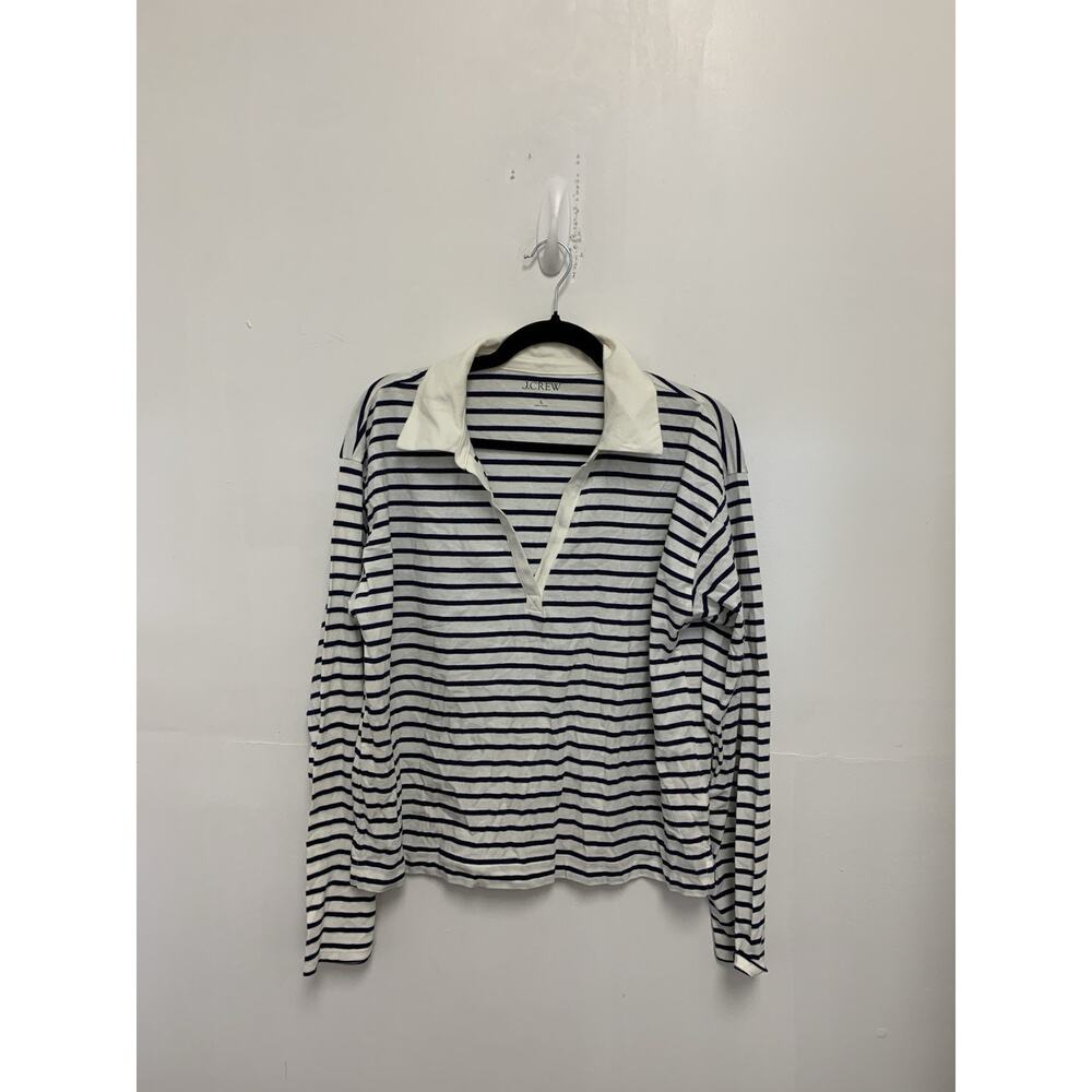 J. Crew Vintage Jersey Johnny-Collar Shirt Navy White Stripe Womens Size Large